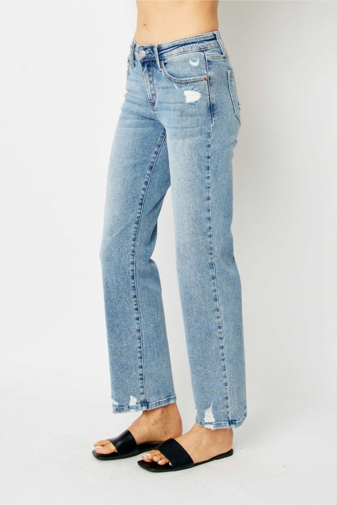 Judy Blue Mid Rise Medium Wash Destroy Straight Denim 88656