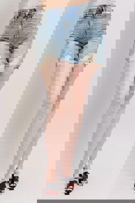 Judy Blue High Waist Vintage Wash Fly Stitch Detail & Destroy Denim Short 150323