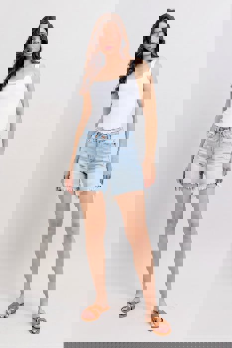 Judy Blue Mid Rise Long Cut Off 2 Button Dad Denim Short 15284