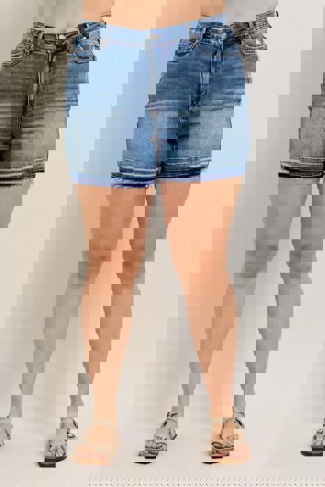 Judy Blue Mid Rise Tummy Control Vintage Wash Release Hem Denim Short 150299