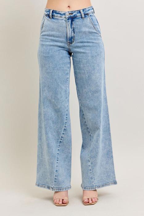 Judy Blue High Waist Stone Wash Retro Skewed Hem Wide Leg Denim Jeans 82654