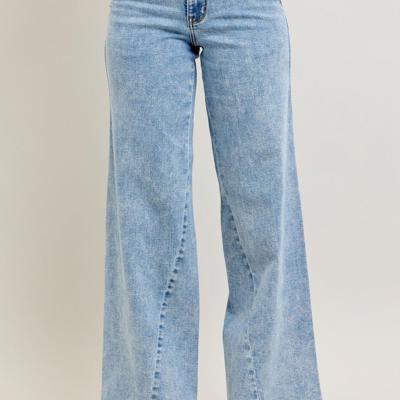 Judy Blue High Waist Stone Wash Retro Skewed Hem Wide Leg Denim Jeans 82654
