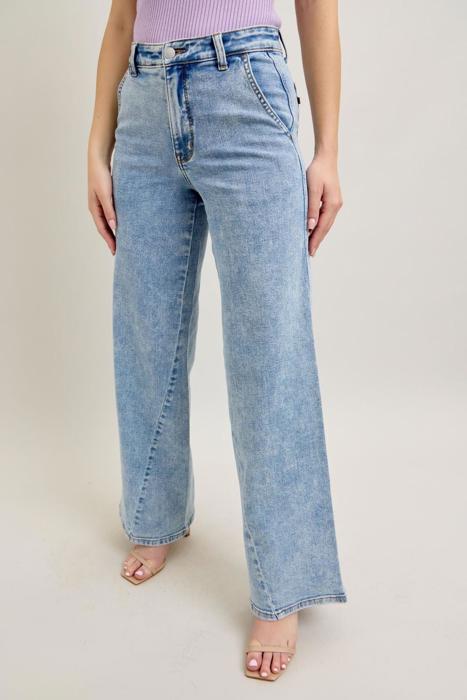 Judy Blue High Waist Stone Wash Retro Skewed Hem Wide Leg Denim Jeans 82654