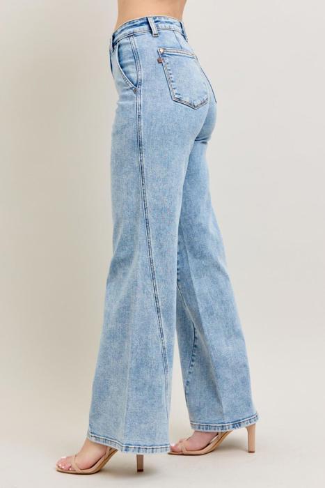Judy Blue High Waist Stone Wash Retro Skewed Hem Wide Leg Denim Jeans 82654