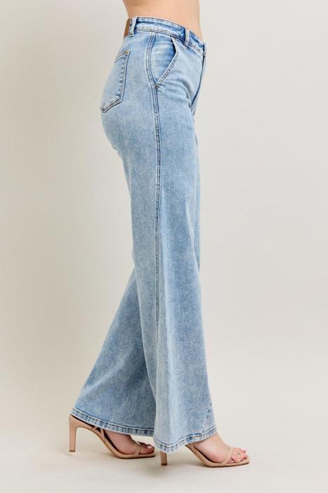 Judy Blue High Waist Stone Wash Retro Skewed Hem Wide Leg Denim Jeans 82654