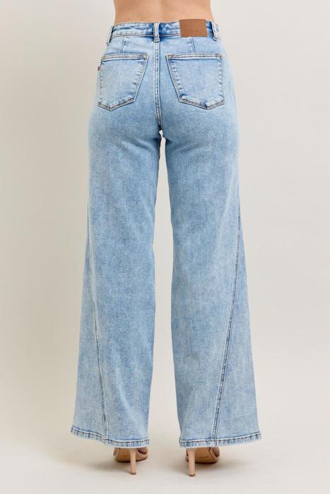 Judy Blue High Waist Stone Wash Retro Skewed Hem Wide Leg Denim Jeans 82654