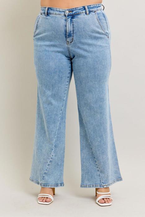 Judy Blue High Waist Stone Wash Retro Skewed Hem Wide Leg Denim Jeans 82654 - Plus