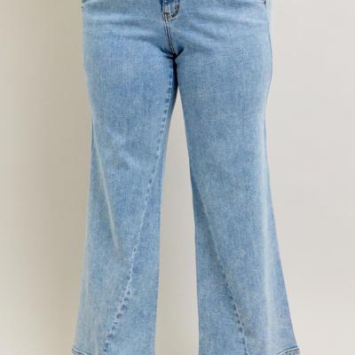Judy Blue High Waist Stone Wash Retro Skewed Hem Wide Leg Denim Jeans 82654 - Plus
