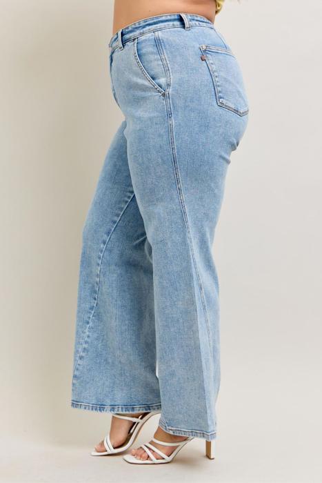 Judy Blue High Waist Stone Wash Retro Skewed Hem Wide Leg Denim Jeans 82654 - Plus