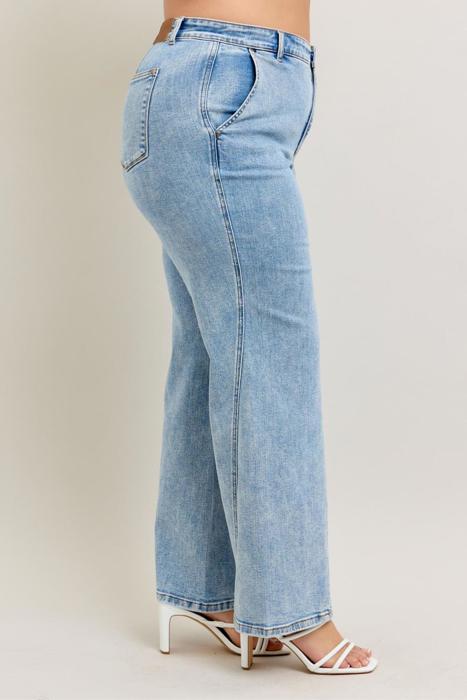 Judy Blue High Waist Stone Wash Retro Skewed Hem Wide Leg Denim Jeans 82654 - Plus