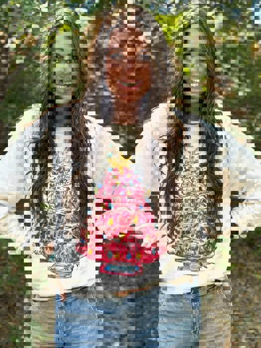 Texas True Threads Callie Ann Stelter Pink Christmas Tree Sweatshirt