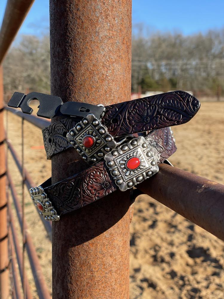 Lucky & Blessed Girl’s (Kids/Youth) Genuine Leather Belt, Brown with Red Conchos