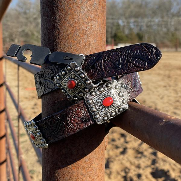 Lucky & Blessed Girl’s (Kids/Youth) Genuine Leather Belt, Brown with Red Conchos