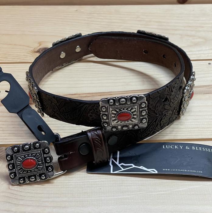 Lucky & Blessed Girl’s (Kids/Youth) Genuine Leather Belt, Brown with Red Conchos