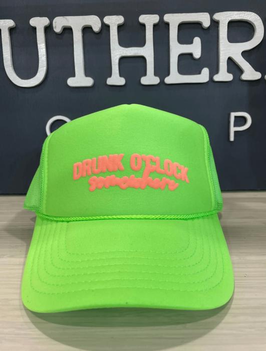 "Drunk O'Clock Somewhere" Puff Ink Lime Green Trucker Hat