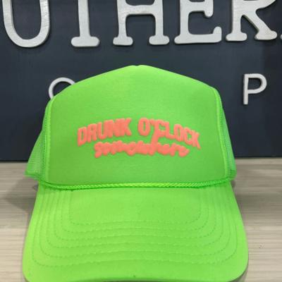 "Drunk O'Clock Somewhere" Puff Ink Lime Green Trucker Hat