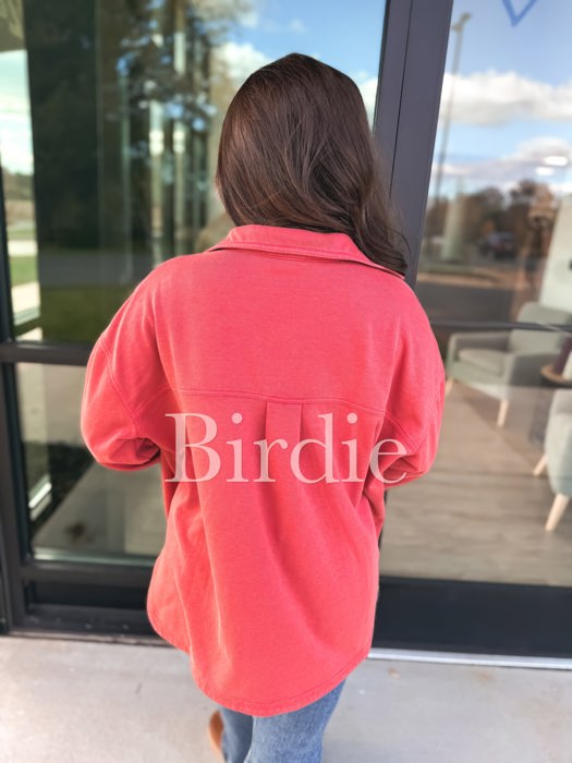 Birdie French Terry Shacket in Coral Red
