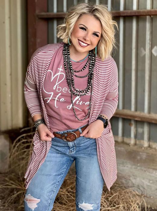 Texas True Threads Mauve Striped Mid-Length Cardigan