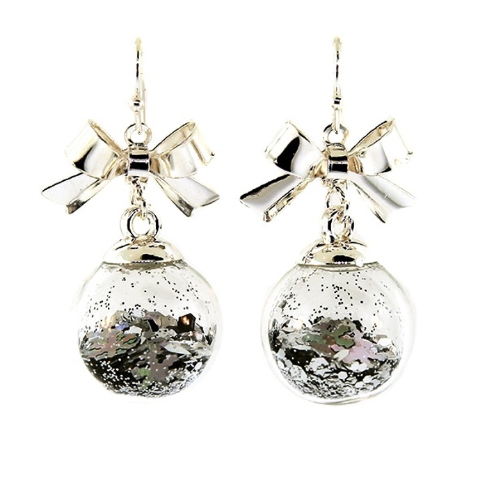 Christmas Holiday Confetti Bow Drop Silver Earrings
