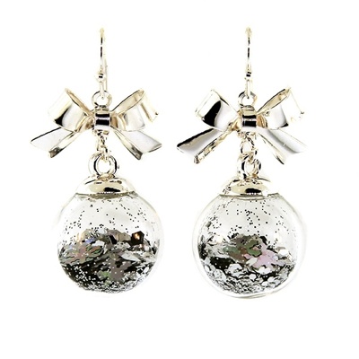 Christmas Holiday Confetti Bow Drop Silver Earrings