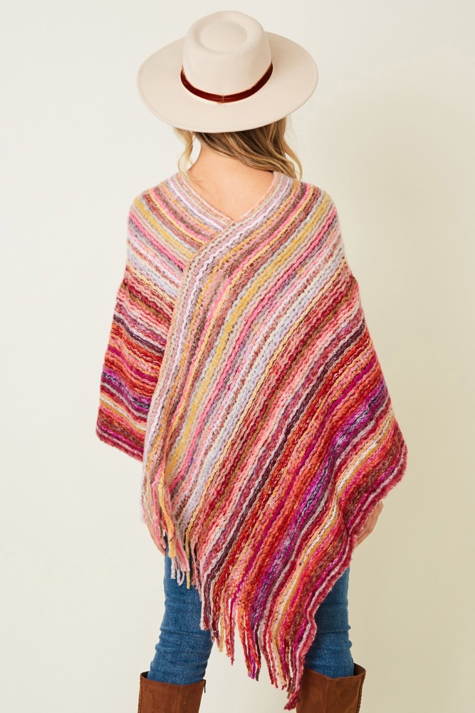 Multicolor Fringe Poncho Red