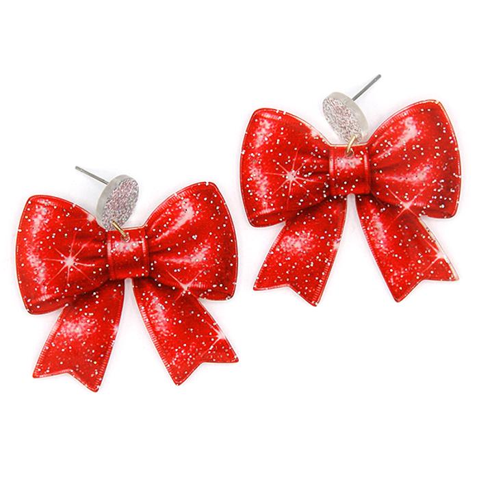 Glitter Christmas Red Bow Earrings
