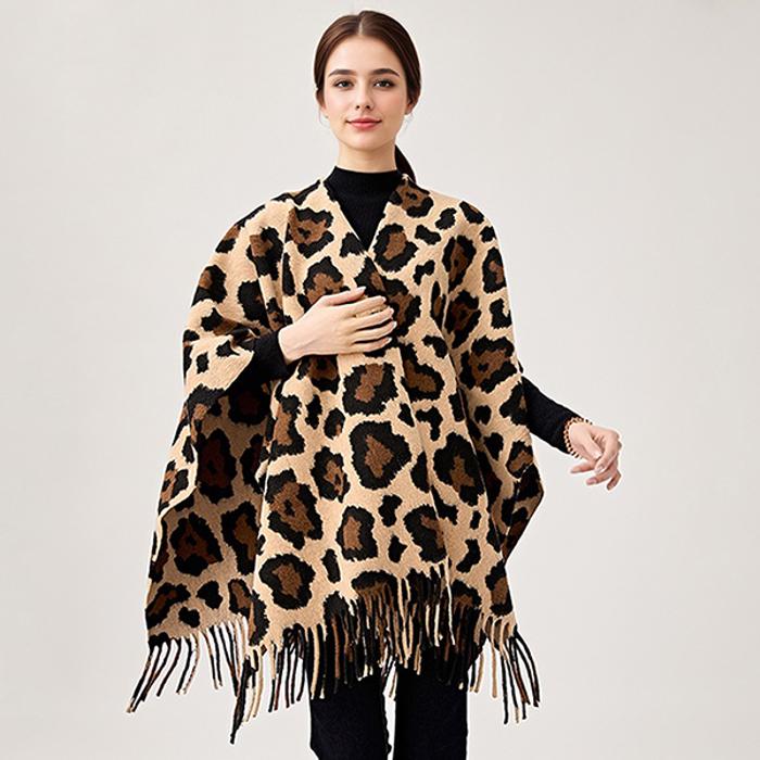 Leopard Print Fringe Mocha Poncho WRAP