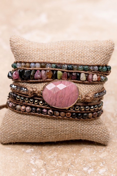 Natural Stone Rose Multi Color Vegan Wrap Bracelet