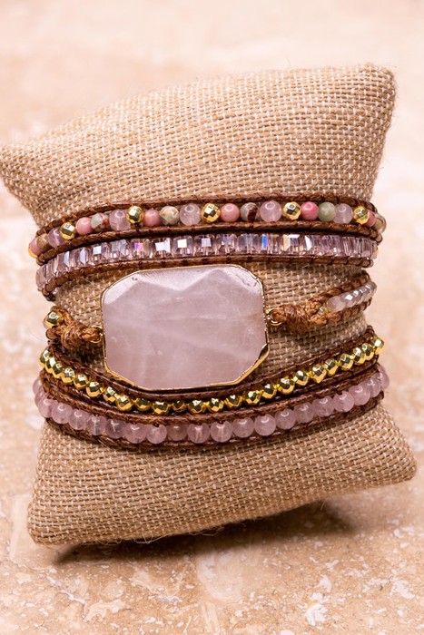 Natural Pink Stone Vegan Wrap Bracelet