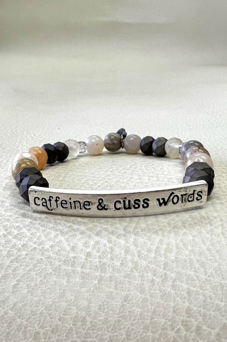 Caffeine & Cuss Words Natural Beads Stretch Bracelet SILVER OR GOLD