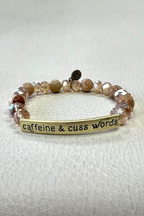Caffeine & Cuss Words Natural Beads Stretch Bracelet SILVER OR GOLD
