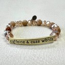 GOLD Caffeine & Cuss Words Natural Beads Stretch Bracelet SILVER OR GOLD