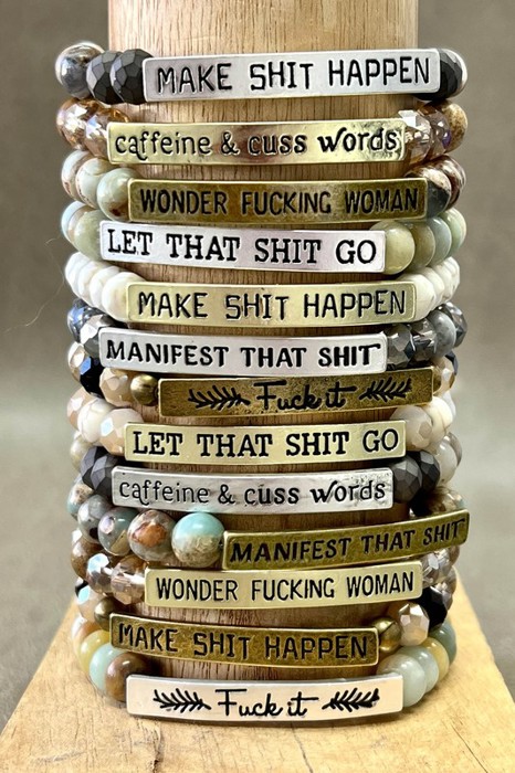 Caffeine & Cuss Words Natural Beads Stretch Bracelet SILVER OR GOLD