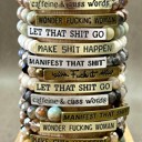  Caffeine & Cuss Words Natural Beads Stretch Bracelet SILVER OR GOLD
