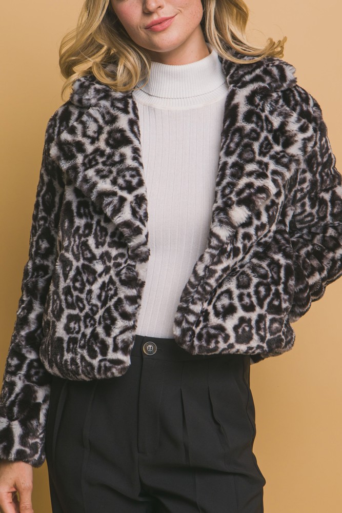 Leopard Print Faux Fur Jacket Black - FREE SHIPPING