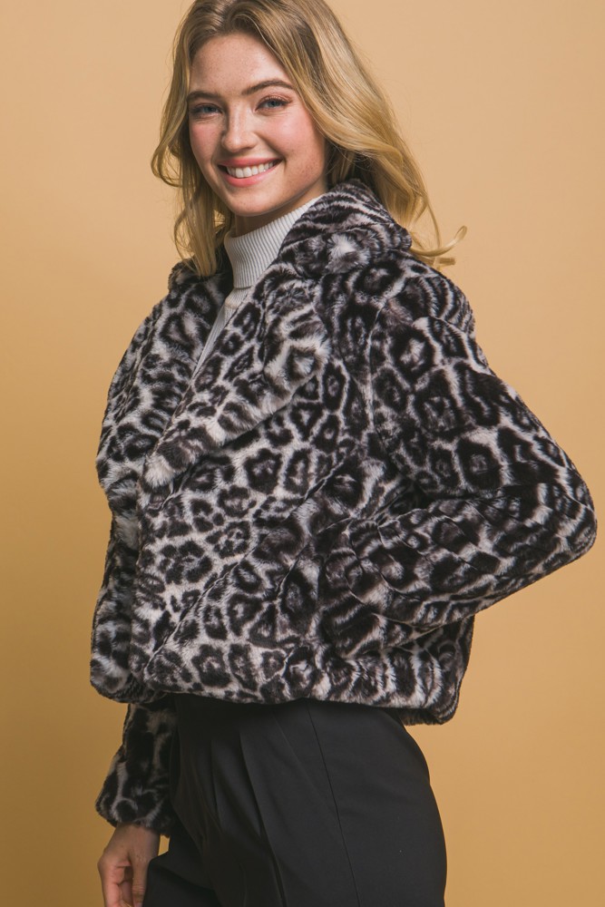 Leopard Print Faux Fur Jacket Black - FREE SHIPPING