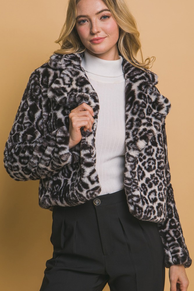 Leopard Print Faux Fur Jacket Black - FREE SHIPPING