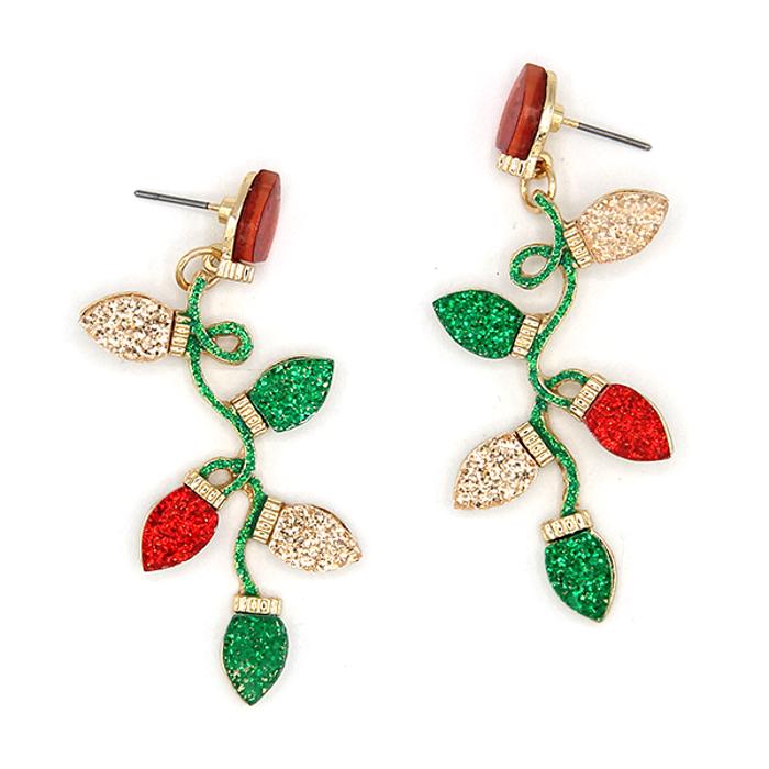 Glitter Christmas Lights Dangle Post Earrings - Red or Pink