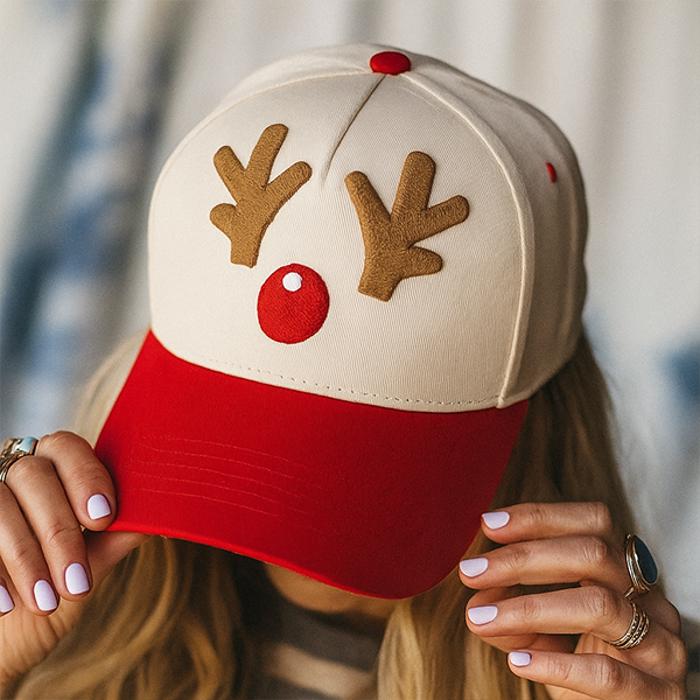    CHRISTmas Reindeer Embroidery Red Baseball Cap RED