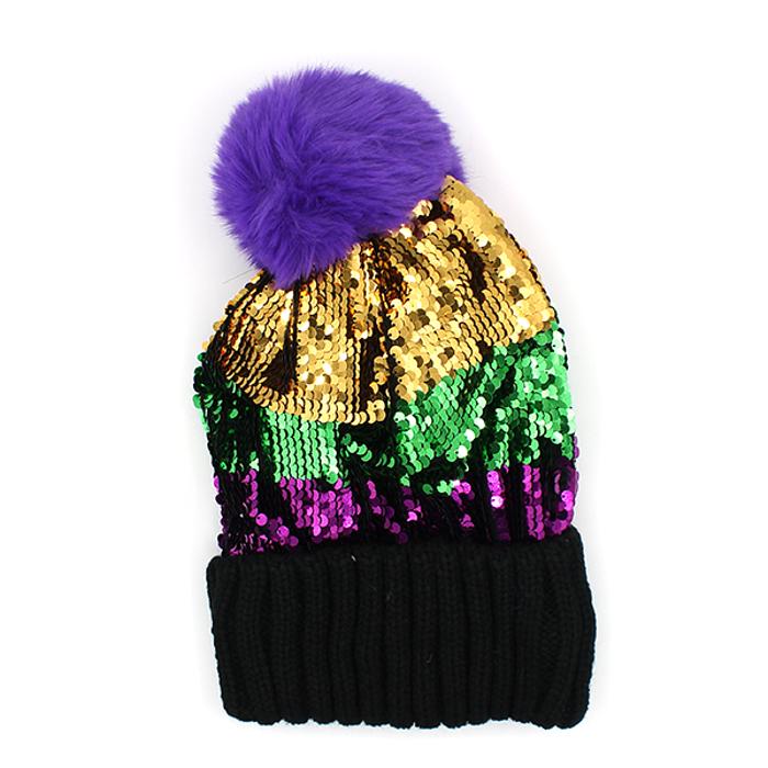 Mardi Gras Theme Ribbed Knit Winter Pom Sequin Beanie