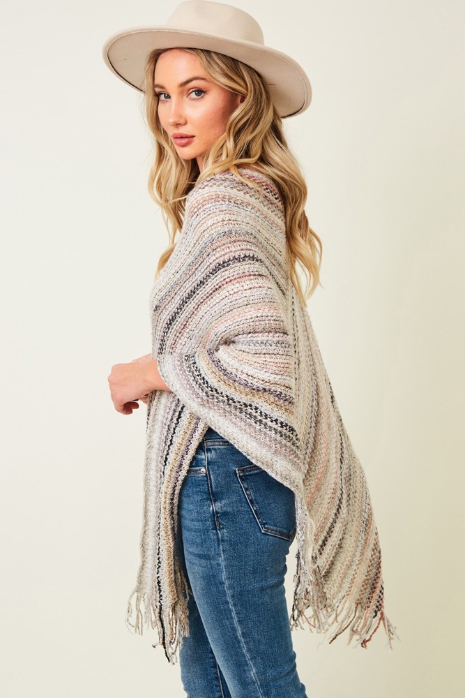 Multicolor Fringe Poncho Ivory