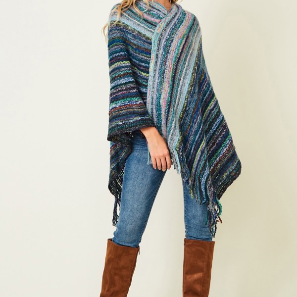 Multicolor Fringe Poncho Blue