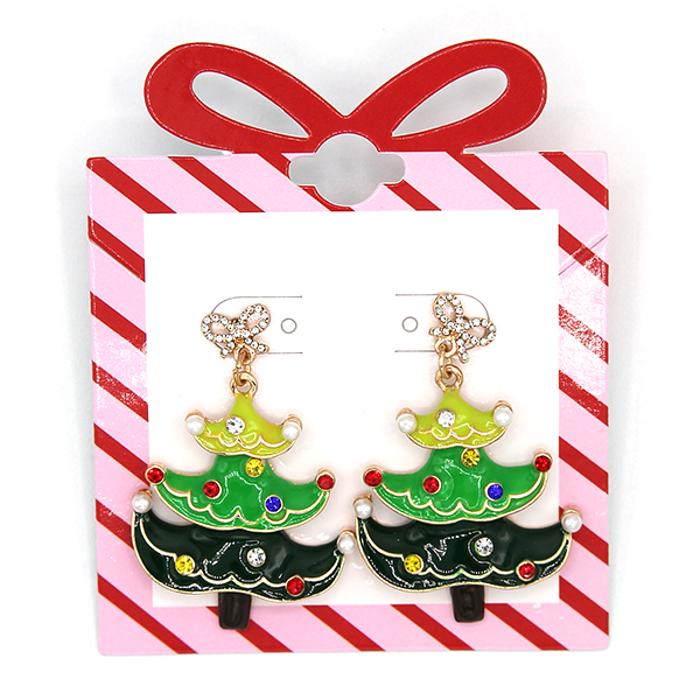 Bling Bow Christmas Tree Dangle Post Earrings