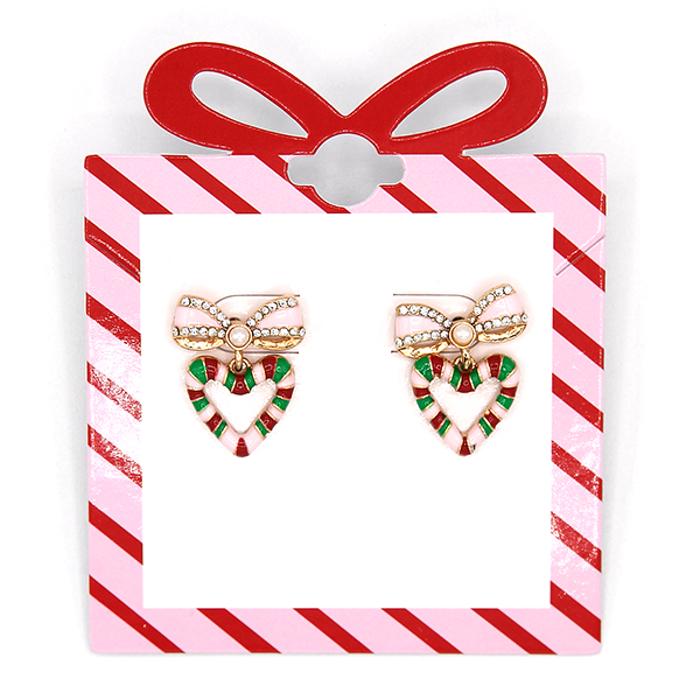 CHRISTmas Candy Cane Heart Bow Bling Stud Earrings