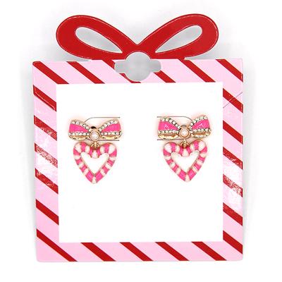Candy Cane Heart Bow Bling Stud Earrings PINK