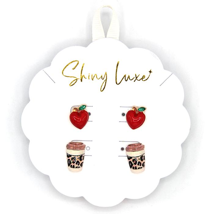 TEACHER Apple & Leopard Coffee Stud Earrings SET - Great Gift