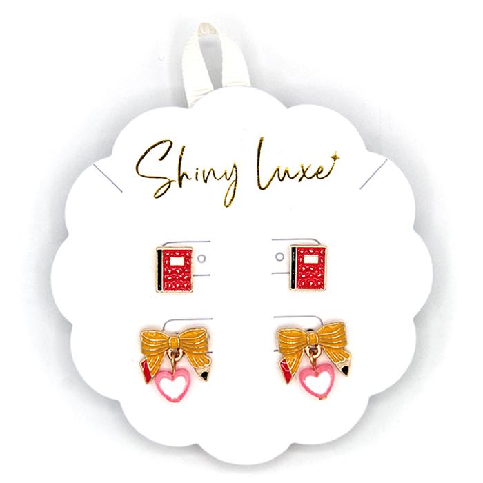 TEACHER STUDENT COLLEGE Book & Pencil Bow Heart Stud Earrings SET - Great Gift