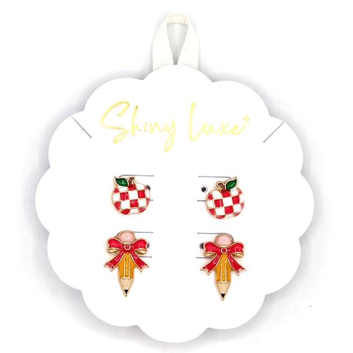 TEACHER Checkered Apple & Bow Pencil Stud Earrings SET - Great Gift