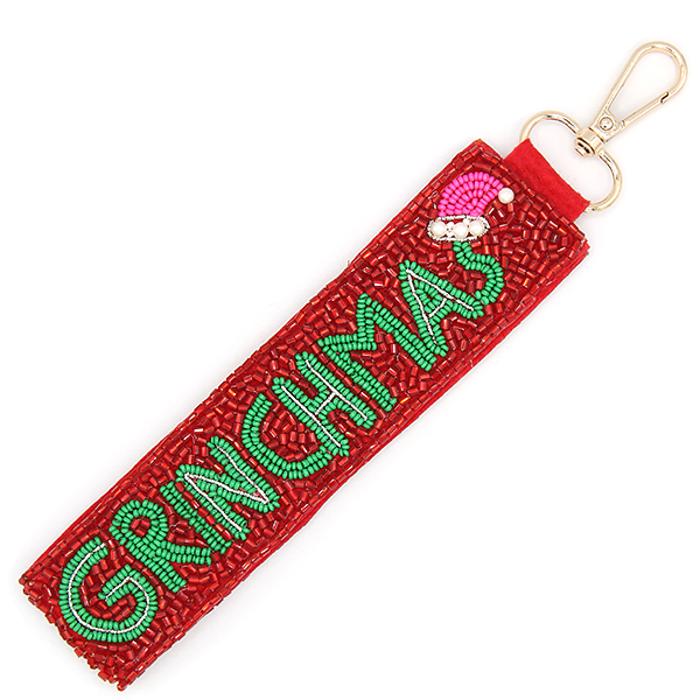 Grinchmas CHRISTmas Seed Bead Bag Charm Keychain Red or Pink