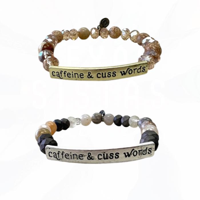 Caffeine & Cuss Words Natural Beads Stretch Bracelet SILVER OR GOLD